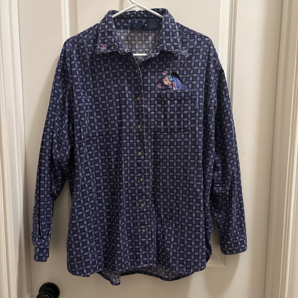 Vintage Disney Pooh Eeyore Womens Long Sleeve Button Shirt Plaid Corduroy Large